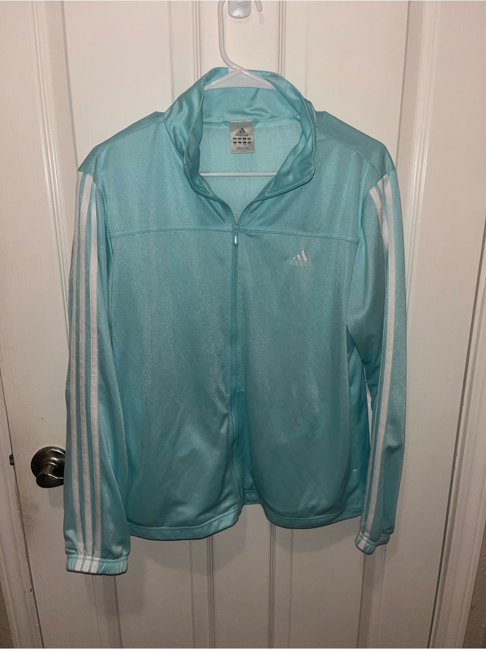 Adidas Women’s Light Blue Track Jacket with White Stripes